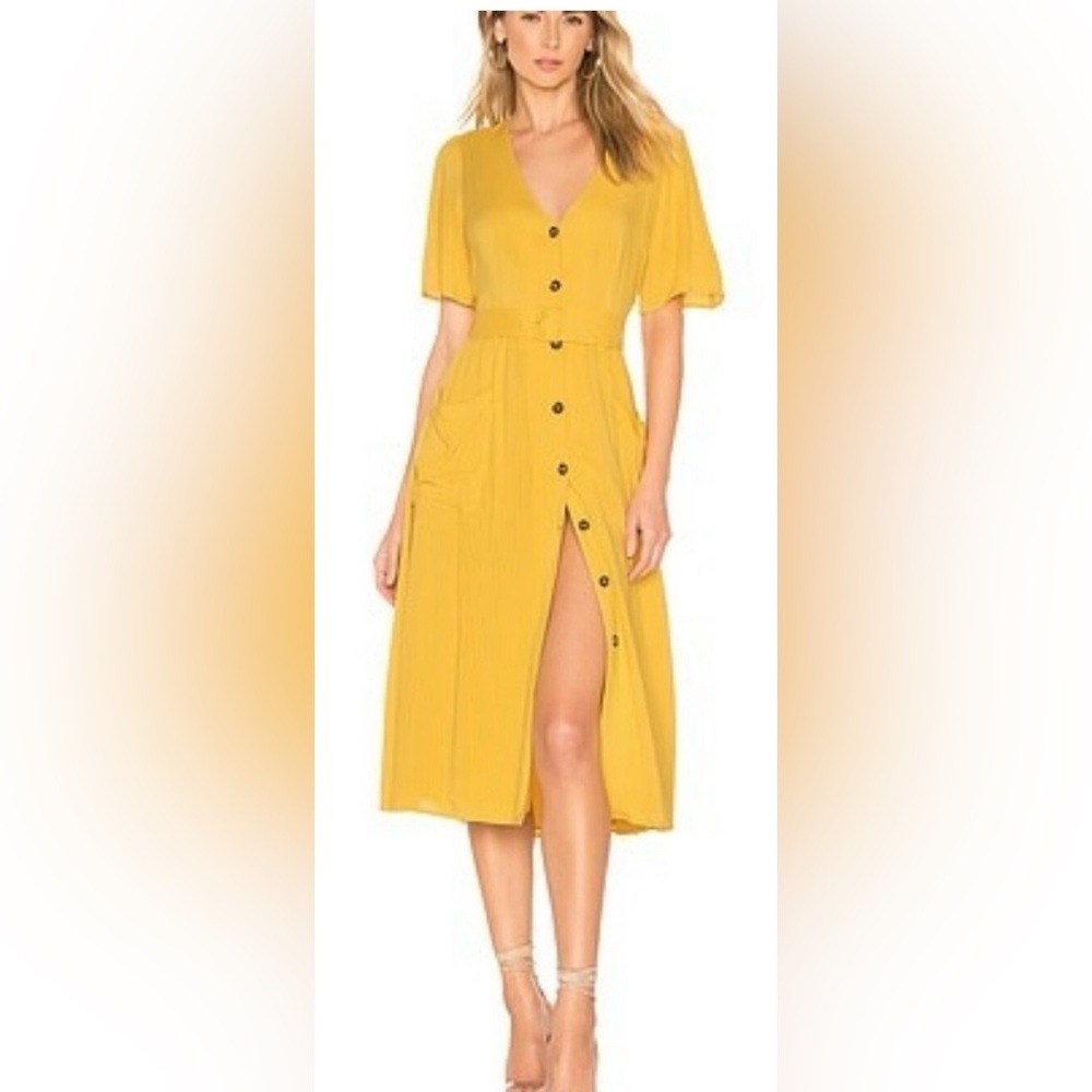ASTR The Label Charli Midi Dress Front Buttons Short Sleeve Belted Yellow Size M
